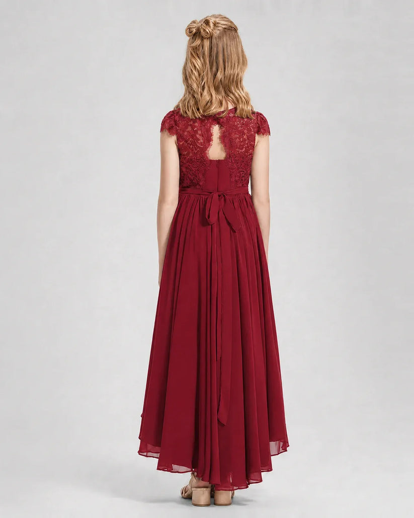 Burgundy Lace A-line Junior Bridesmaid Dress Back View