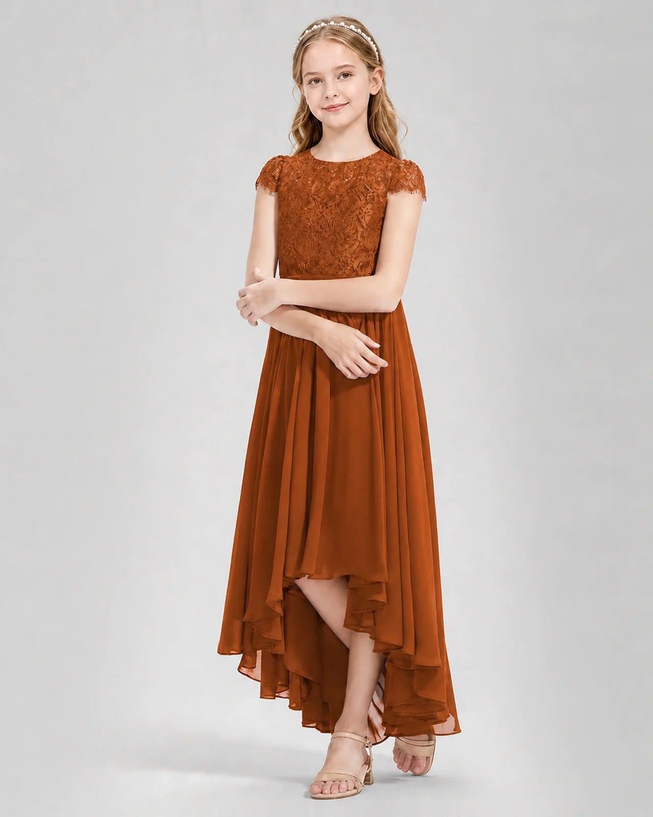 Burnt Orange Junior Bredemaid Dresses Lace Keyhole Back Asymmetrical Chiffon Gown Front View