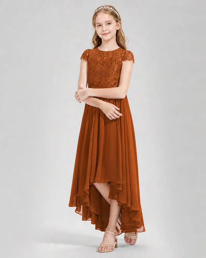 Burnt Orange Junior Bredemaid Dresses Lace Keyhole Back Asymmetrical Chiffon Gown Front View