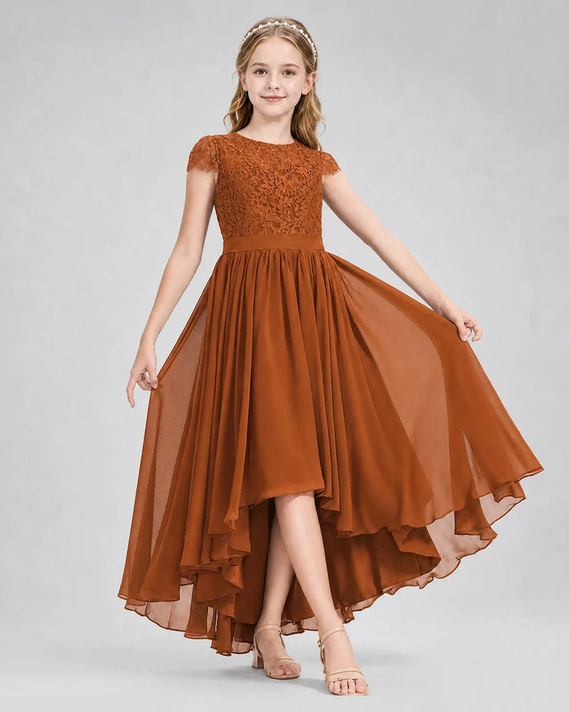 Burnt Orange Lace Chiffon A-line Junior Bridesmaid Dress Front View