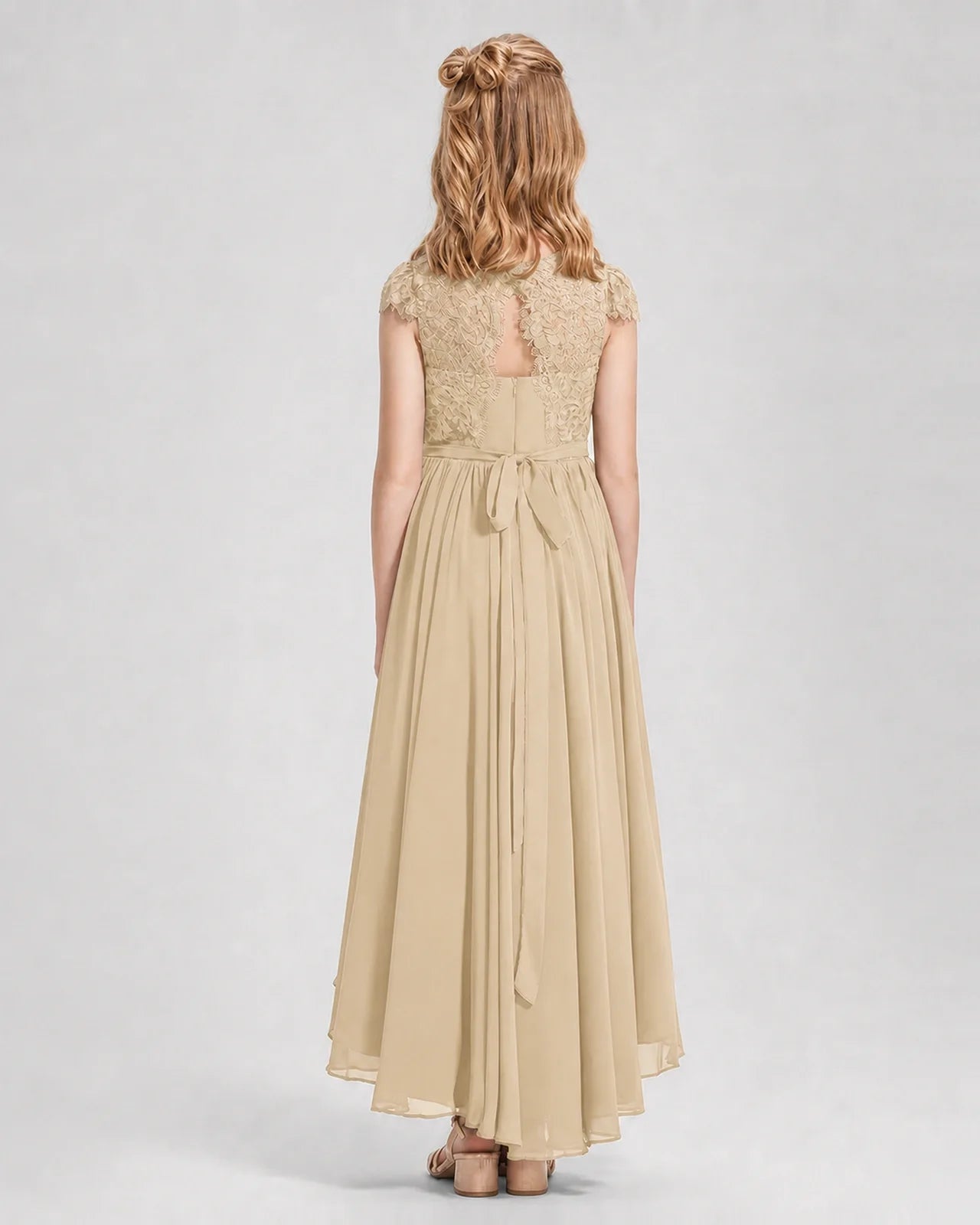 Champagne Junior Bredemaid Dresses Lace Keyhole Back Asymmetrical Chiffon Gown Back View