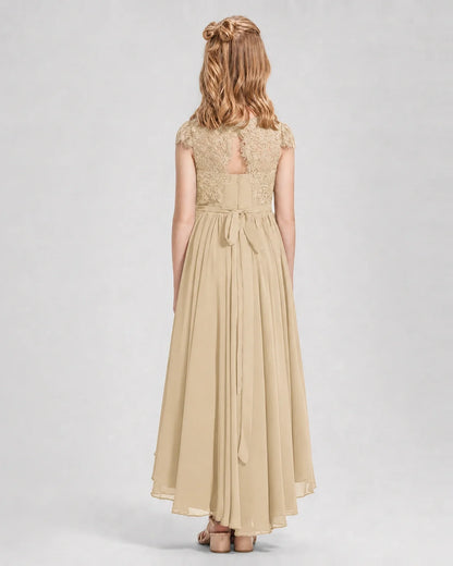 Champagne Junior Bredemaid Dresses Lace Keyhole Back Asymmetrical Chiffon Gown Back View