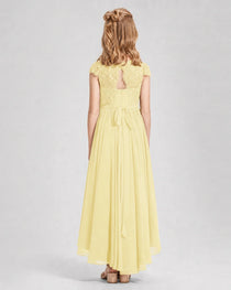 Daffodil Junior Bredemaid Dresses Lace Keyhole Back Asymmetrical Chiffon Gown Back View