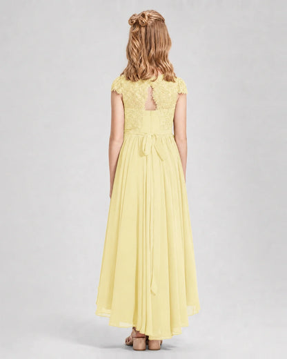 Daffodil Junior Bredemaid Dresses Lace Keyhole Back Asymmetrical Chiffon Gown Back View