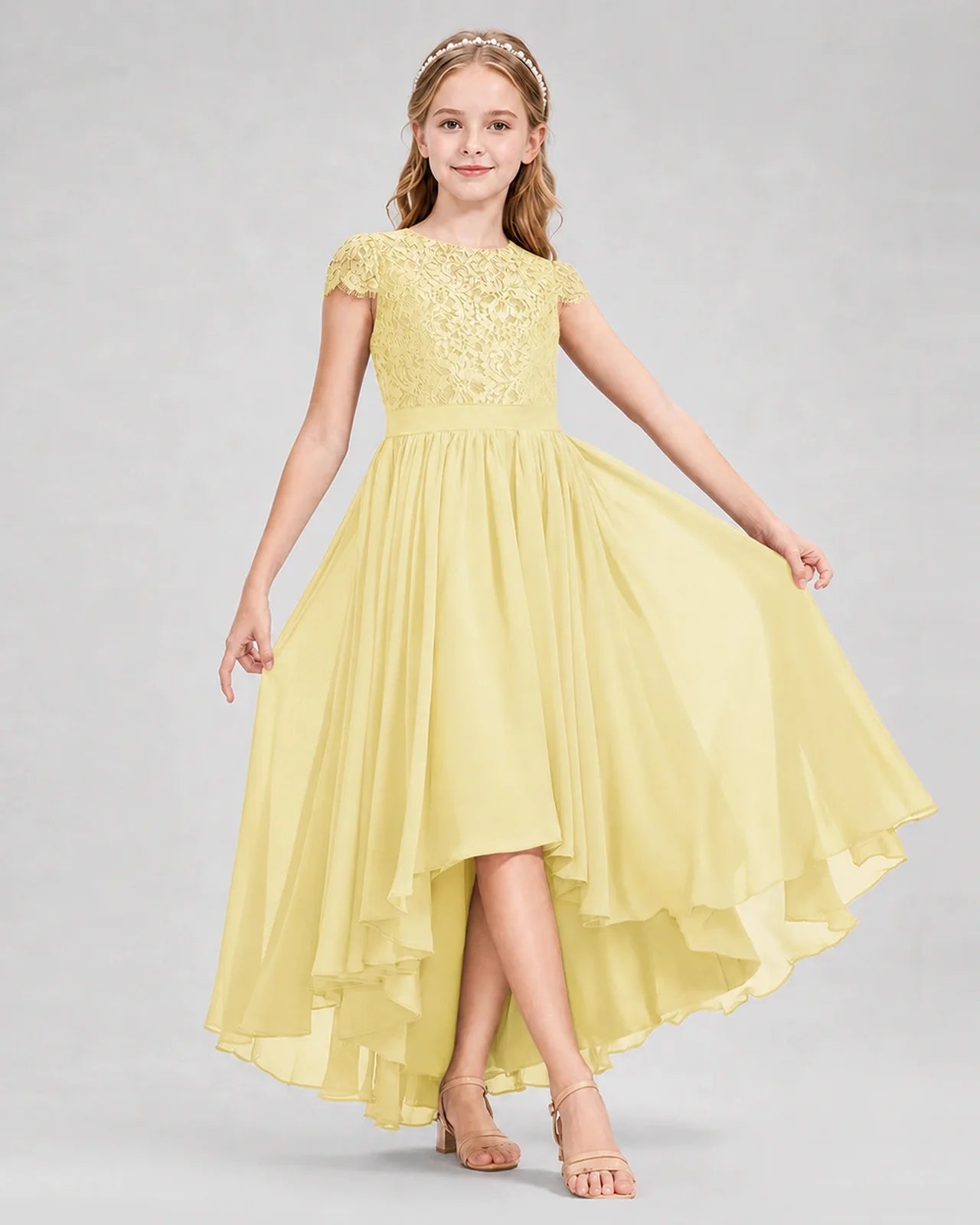 Daffodil Junior Bredemaid Dresses Lace Keyhole Back Asymmetrical Chiffon Gown Front View