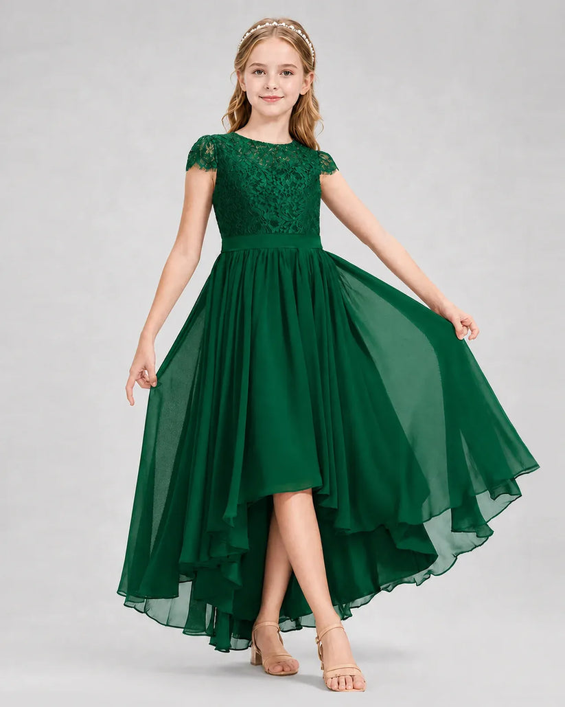 Dark Green Lace A-line Junior Bridesmaid Dress Front View