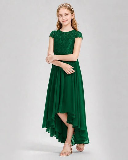 Dark Green Junior Bredemaid Dresses Lace Keyhole Back Asymmetrical Chiffon Gown Front View