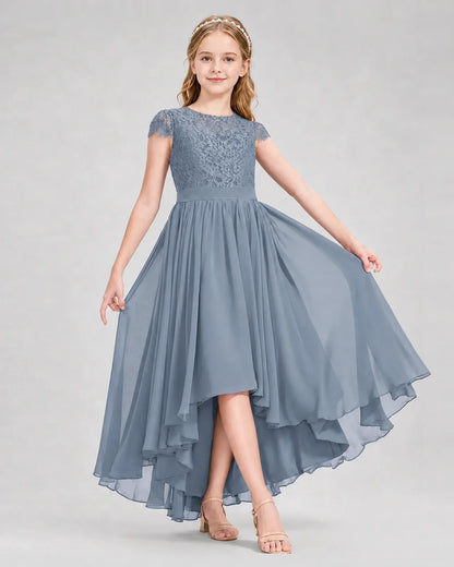 Dusty Blue Junior Bredemaid Dresses Lace Keyhole Back Asymmetrical Chiffon Gown Front View