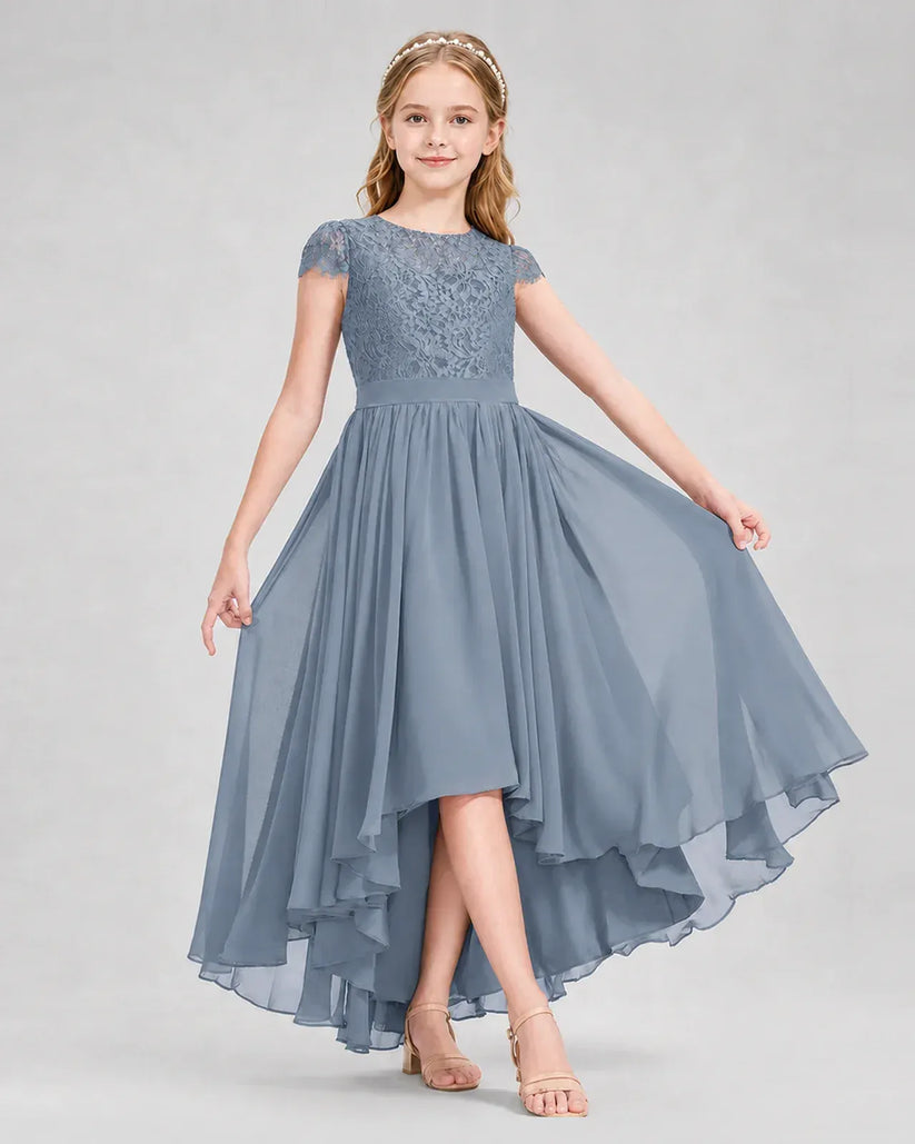 Dusty Blue Chiffon A-line Junior Bridesmaid Dress Front View