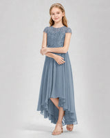 Dusty Blue Lace A-line Junior Bridesmaid Dress Front View