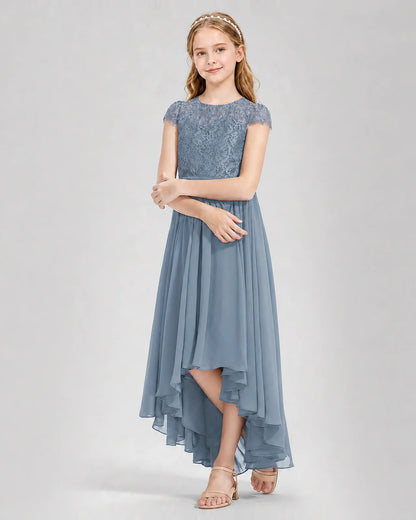 Dusty Blue Junior Bredemaid Dresses Lace Keyhole Back Asymmetrical Chiffon Gown Front View