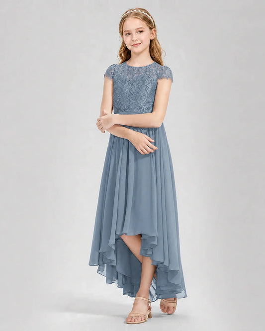 Dusty Blue Lace A-line Junior Bridesmaid Dress Front View