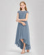 Dusty Blue Junior Bredemaid Dresses Lace Keyhole Back Asymmetrical Chiffon Gown Front View