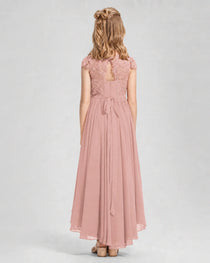 Dusty Rose Junior Bredemaid Dresses Lace Keyhole Back Asymmetrical Chiffon Gown Back View