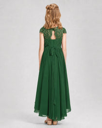 Emerald Green Junior Bredemaid Dresses Lace Keyhole Back Asymmetrical Chiffon Gown Back View