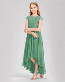 Eucalyptus Junior Bredemaid Dresses Lace Keyhole Back Asymmetrical Chiffon Gown Front View