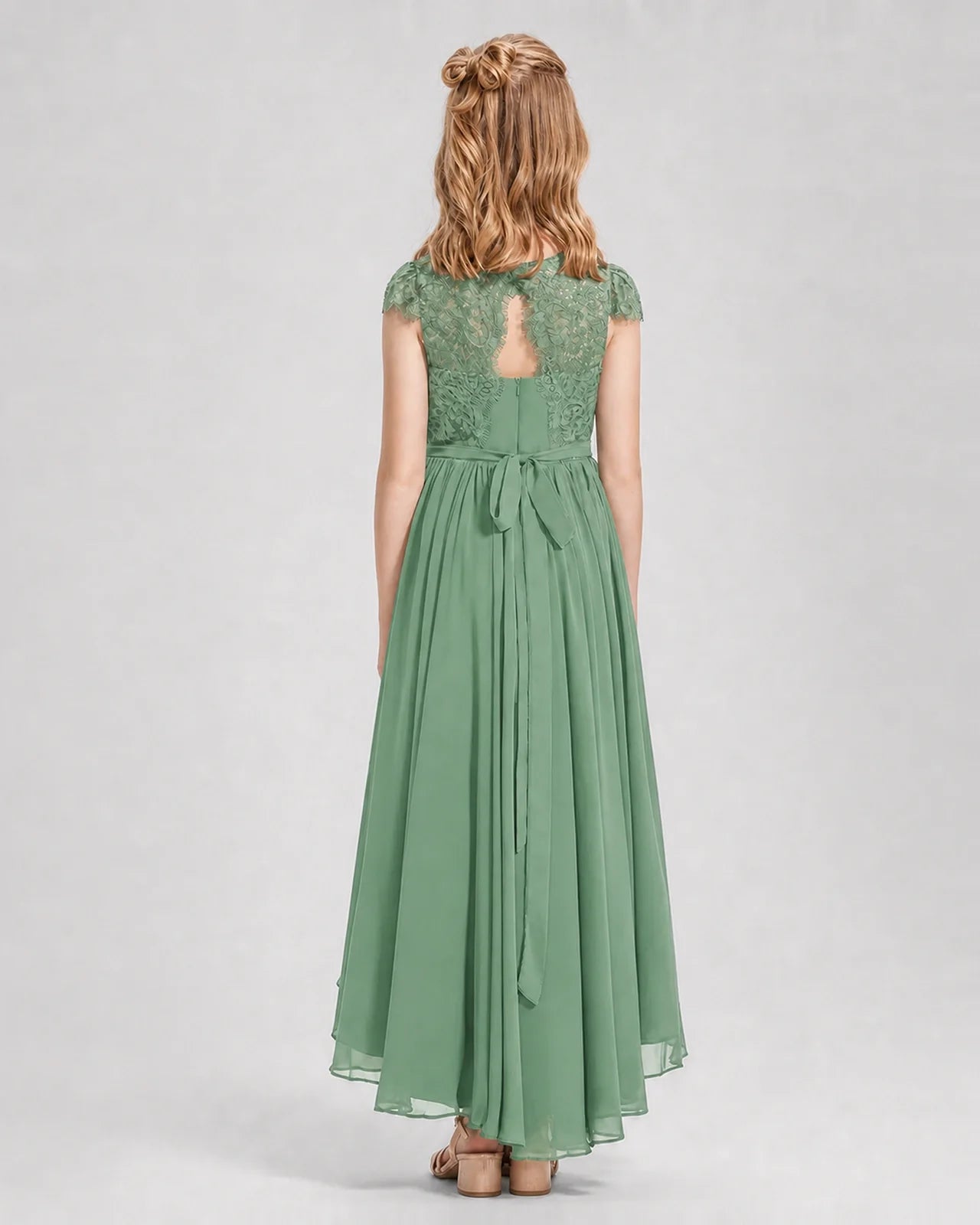 Eucalyptus Junior Bredemaid Dresses Lace Keyhole Back Asymmetrical Chiffon Gown Back View