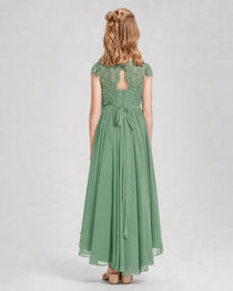 Eucalyptus Junior Bredemaid Dresses Lace Keyhole Back Asymmetrical Chiffon Gown Back View