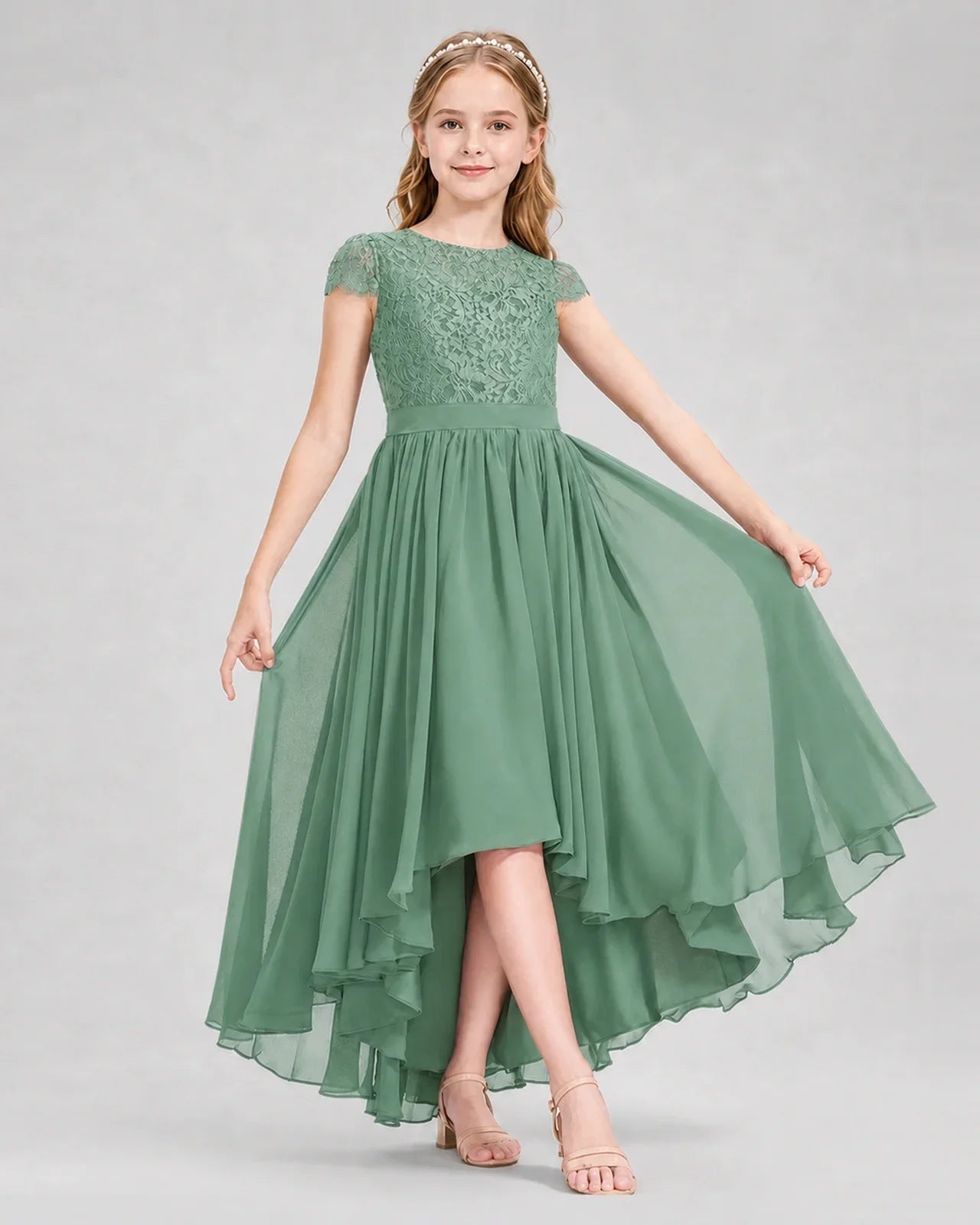 Eucalyptus Junior Bredemaid Dresses Lace Keyhole Back Asymmetrical Chiffon Gown Front View