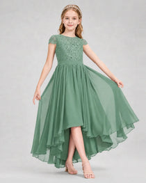 Eucalyptus Junior Bredemaid Dresses Lace Keyhole Back Asymmetrical Chiffon Gown Front View