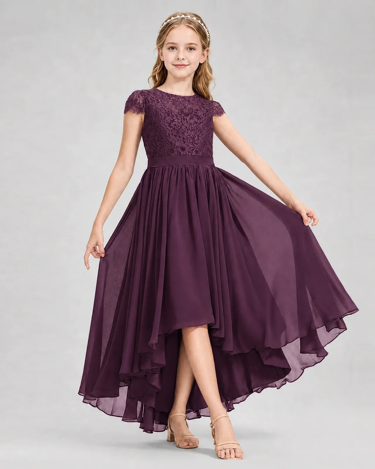 Grape Junior Bredemaid Dresses Lace Keyhole Back Asymmetrical Chiffon Gown Front View