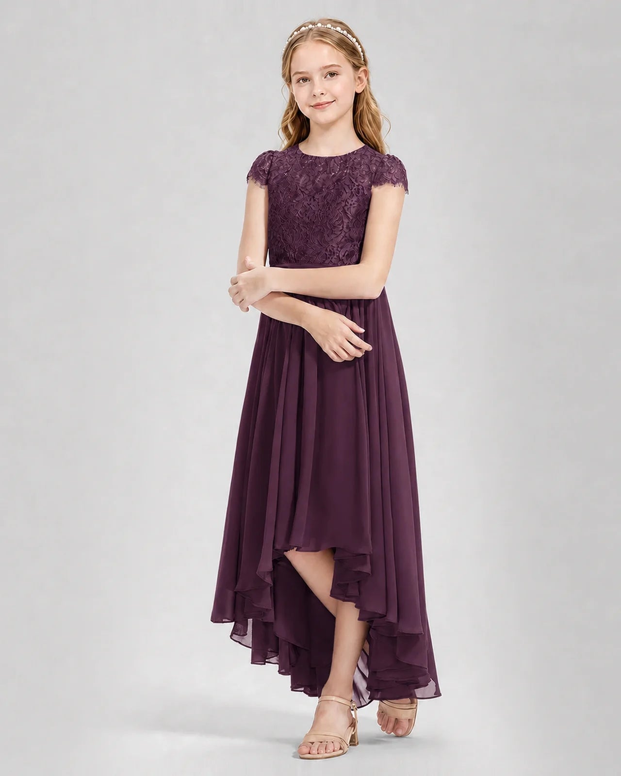 Grape Junior Bredemaid Dresses Lace Keyhole Back Asymmetrical Chiffon Gown Front View