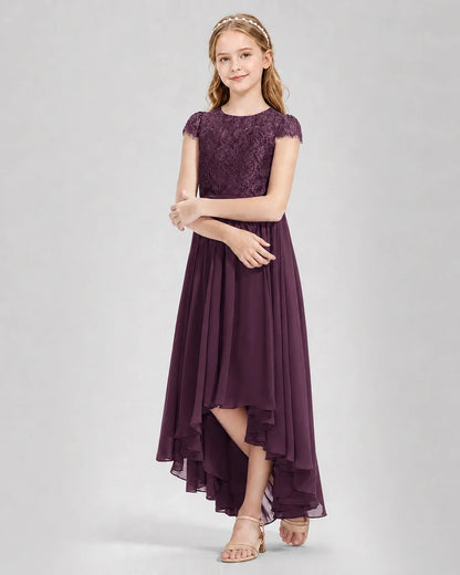 Grape Junior Bredemaid Dresses Lace Keyhole Back Asymmetrical Chiffon Gown Front View