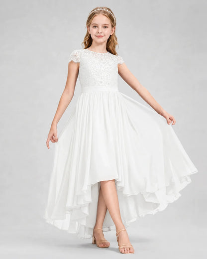 Ivory Junior Bredemaid Dresses Lace Keyhole Back Asymmetrical Chiffon Gown Front View