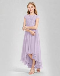 Lavender Junior Bredemaid Dresses Lace Keyhole Back Asymmetrical Chiffon Gown Front View