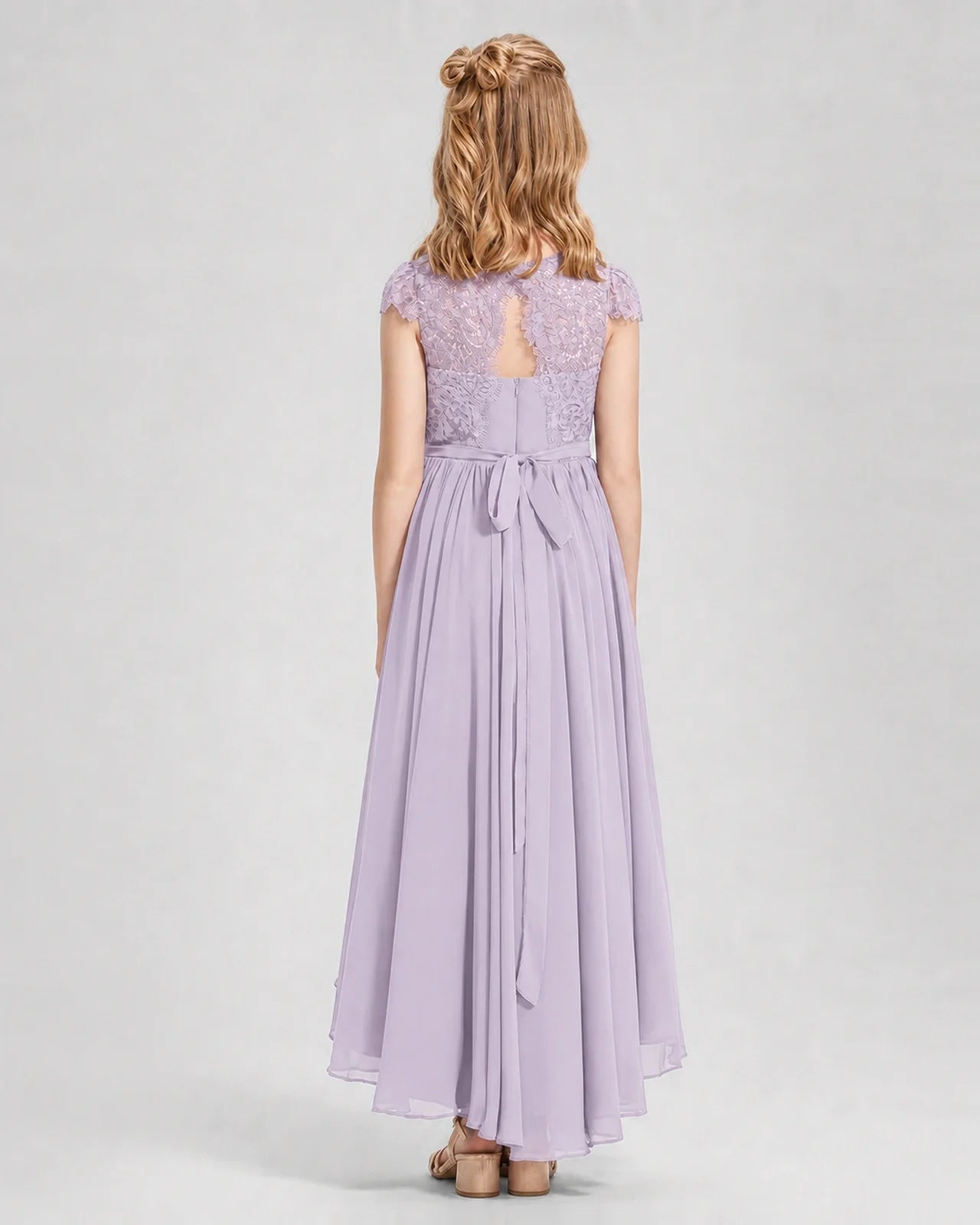 Lavender Junior Bredemaid Dresses Lace Keyhole Back Asymmetrical Chiffon Gown Back View