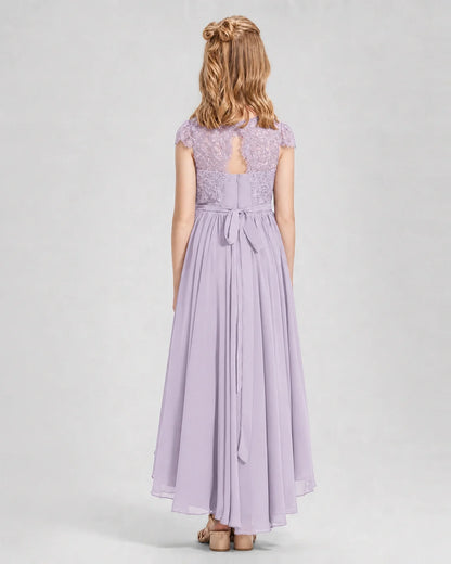 Lavender Junior Bredemaid Dresses Lace Keyhole Back Asymmetrical Chiffon Gown Back View