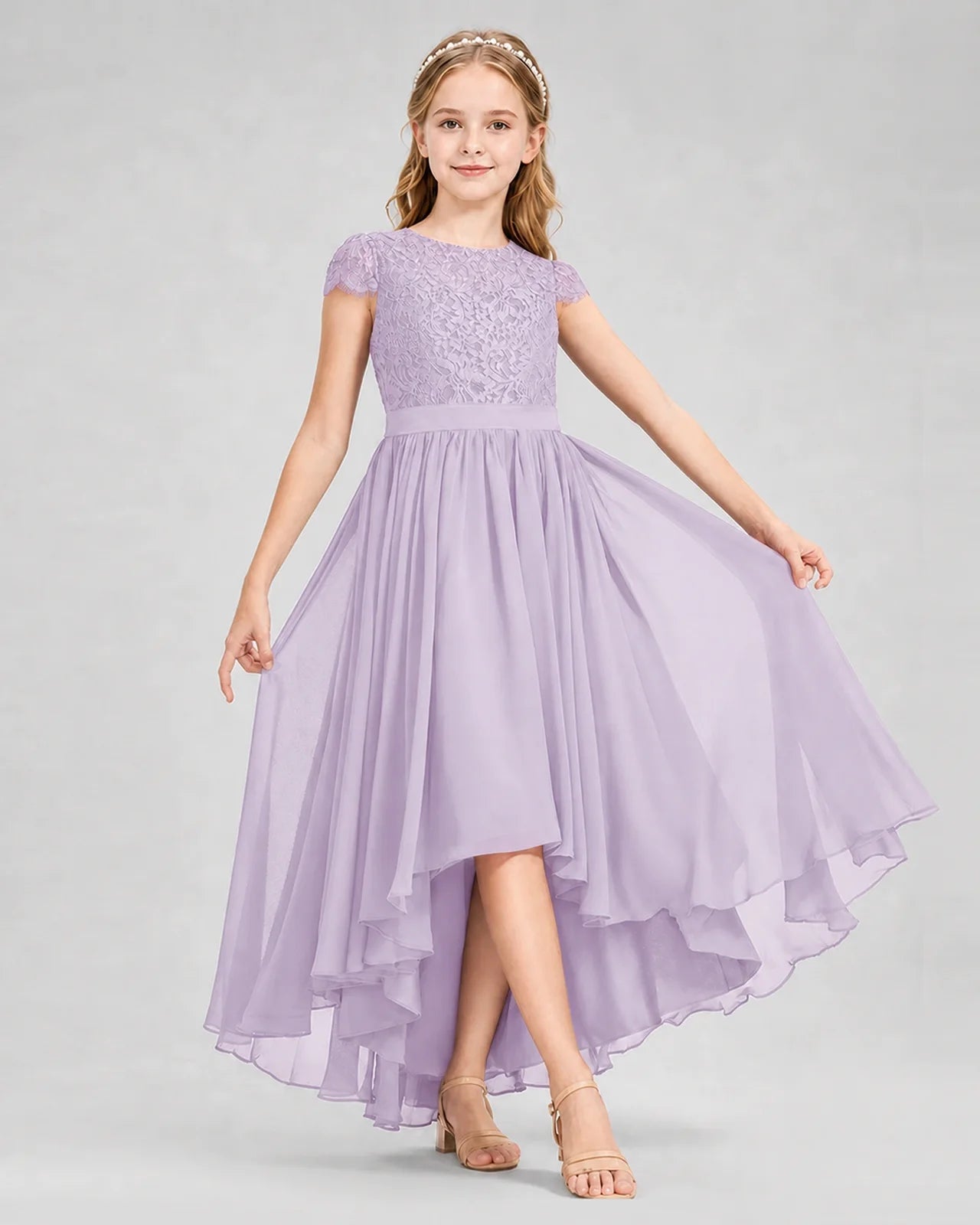 Lavender Junior Bredemaid Dresses Lace Keyhole Back Asymmetrical Chiffon Gown Front View