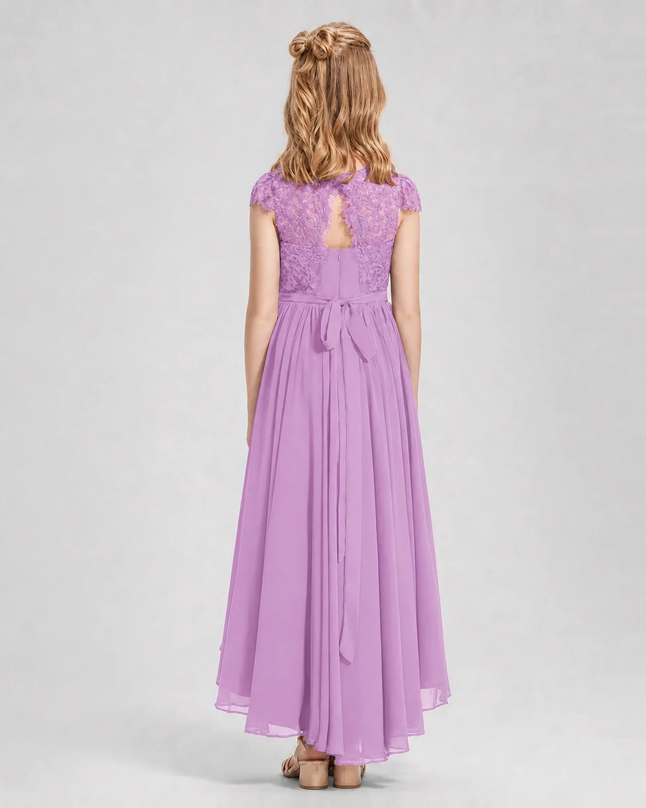 Lilac Junior Bredemaid Dresses Lace Keyhole Back Asymmetrical Chiffon Gown Back View