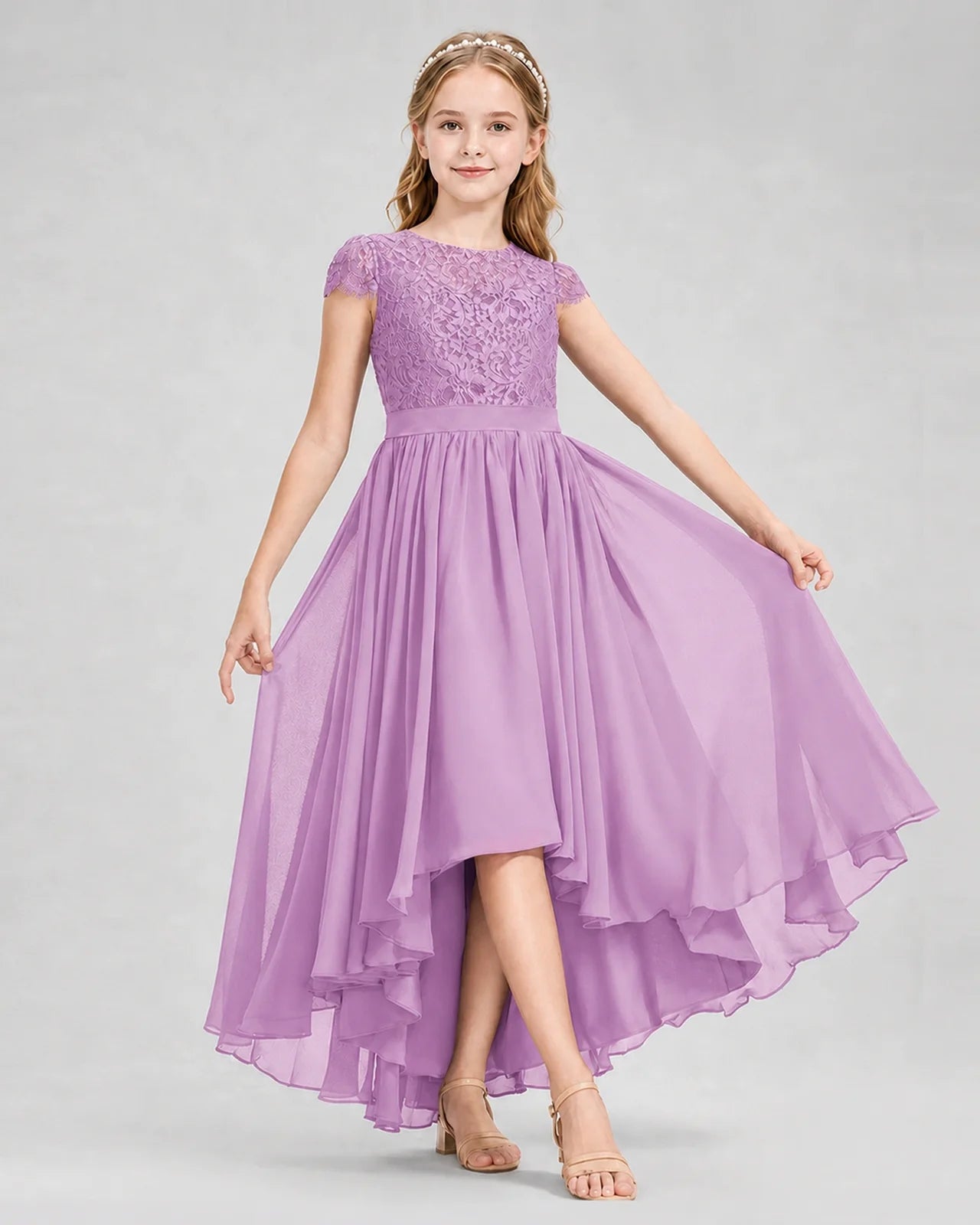 Lilac Junior Bredemaid Dresses Lace Keyhole Back Asymmetrical Chiffon Gown Front View