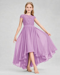 Lilac Junior Bredemaid Dresses Lace Keyhole Back Asymmetrical Chiffon Gown Front View
