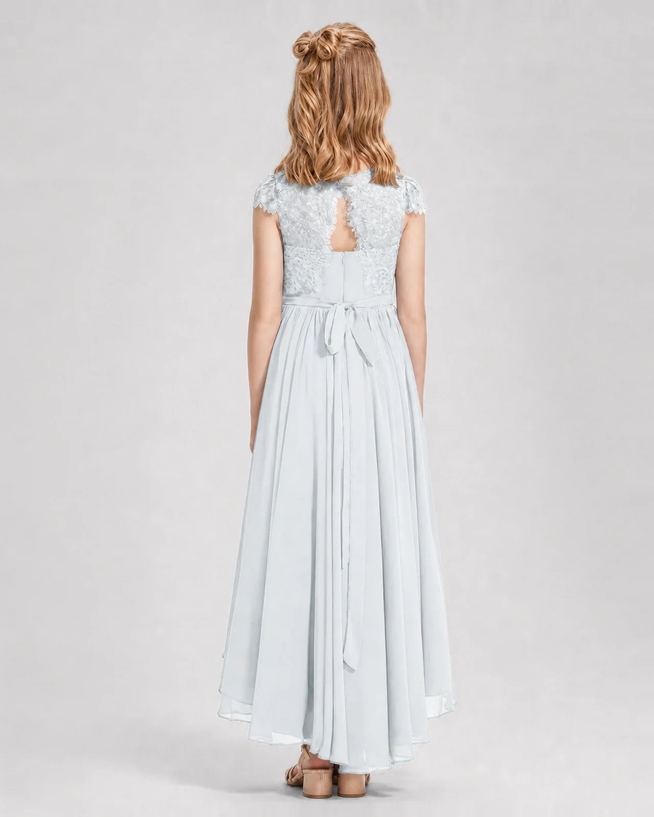Mist Junior Bredemaid Dresses Lace Keyhole Back Asymmetrical Chiffon Gown Back View