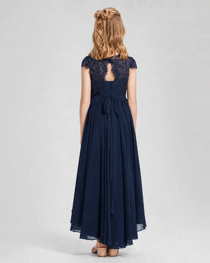 Navy Blue Junior Bredemaid Dresses Lace Keyhole Back Asymmetrical Chiffon Gown Back View