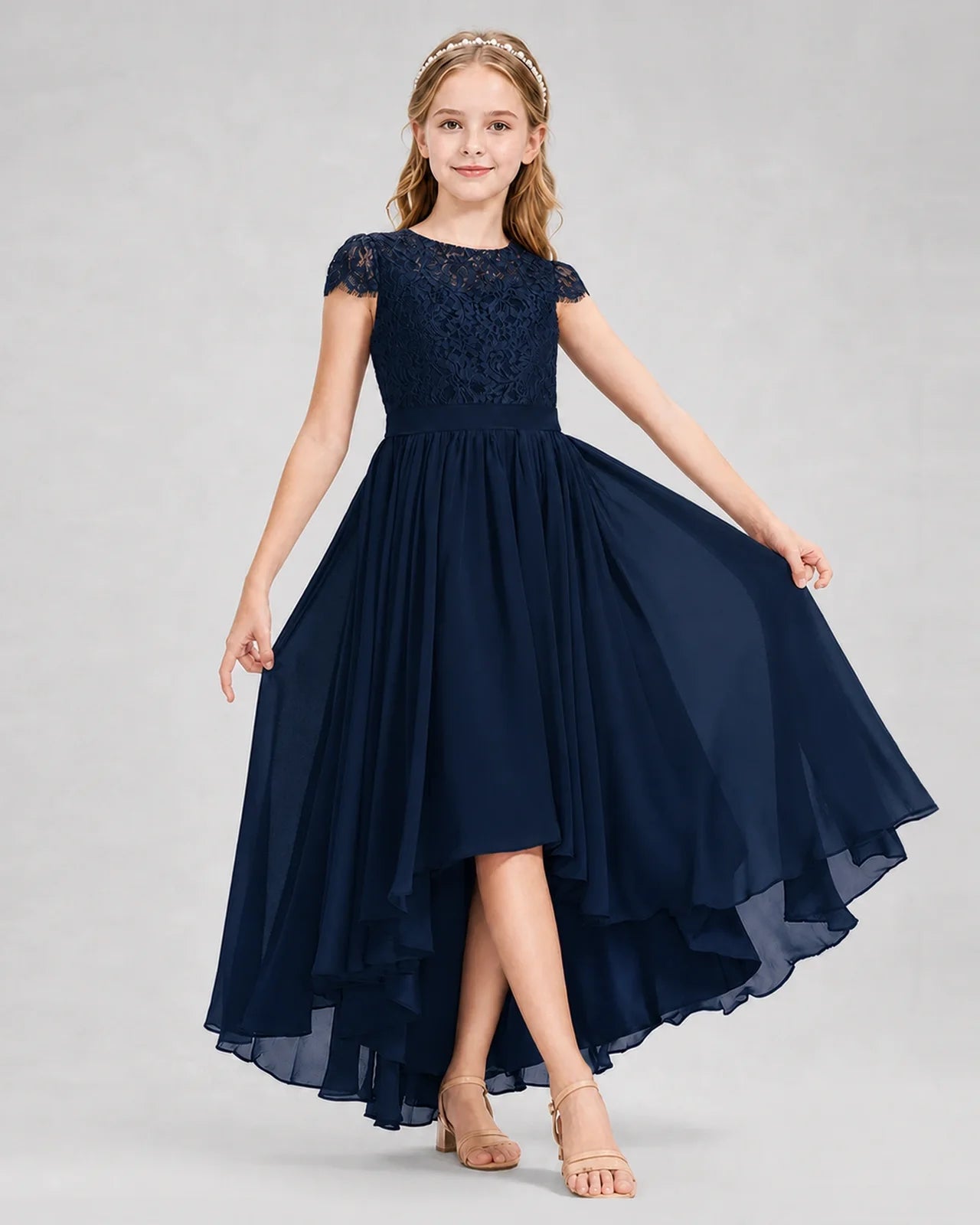 Navy Blue Junior Bredemaid Dresses Lace Keyhole Back Asymmetrical Chiffon Gown Front View