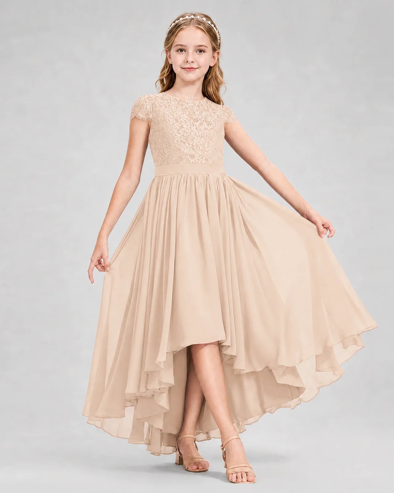 Peach Junior Bredemaid Dresses Lace Keyhole Back Asymmetrical Chiffon Gown Front View