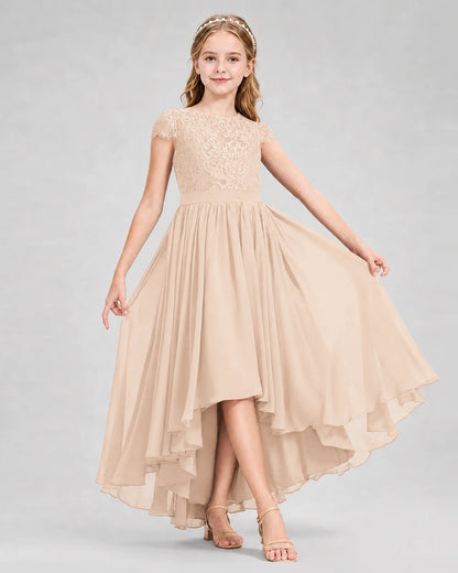 Peach Junior Bredemaid Dresses Lace Keyhole Back Asymmetrical Chiffon Gown Front View