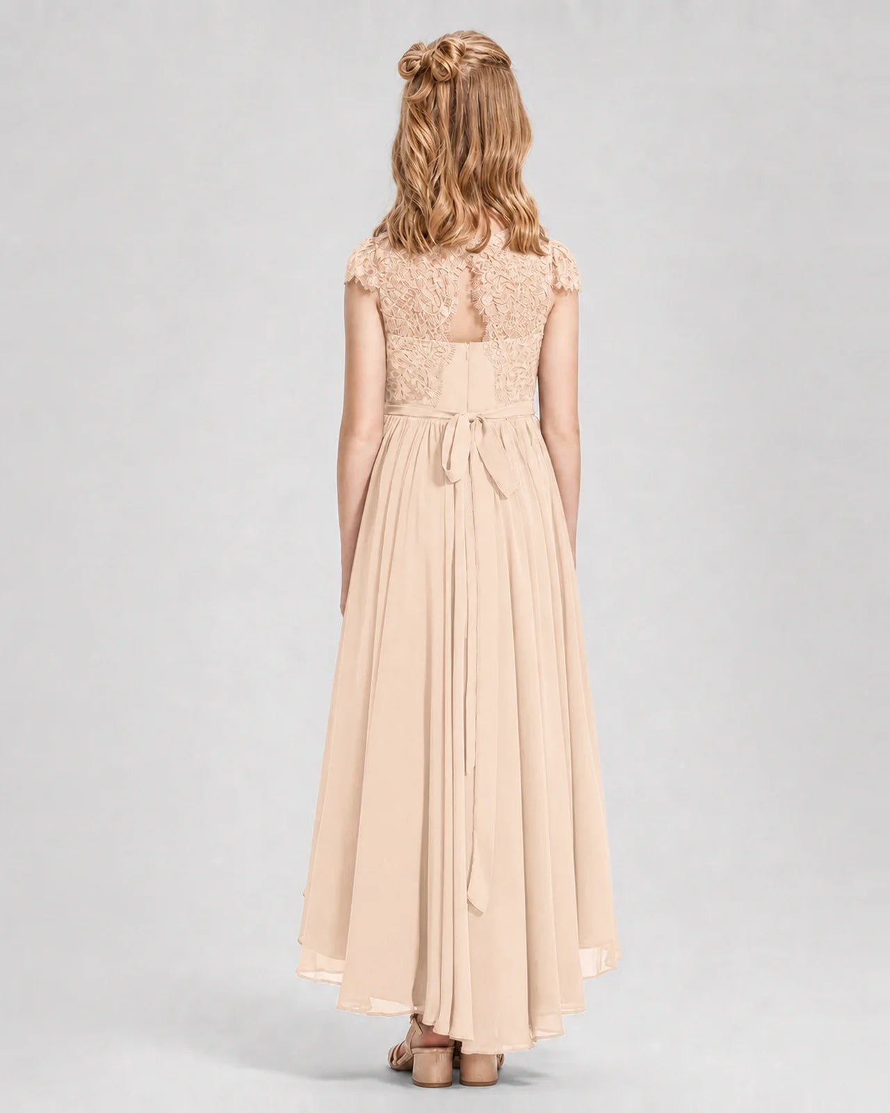 Peach Junior Bredemaid Dresses Lace Keyhole Back Asymmetrical Chiffon Gown Back View