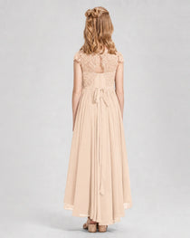Peach Junior Bredemaid Dresses Lace Keyhole Back Asymmetrical Chiffon Gown Back View