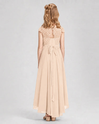Peach Junior Bredemaid Dresses Lace Keyhole Back Asymmetrical Chiffon Gown Back View