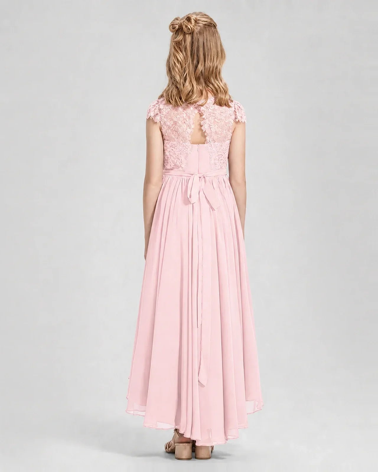 Pink Junior Bredemaid Dresses Lace Keyhole Back Asymmetrical Chiffon Gown Back View