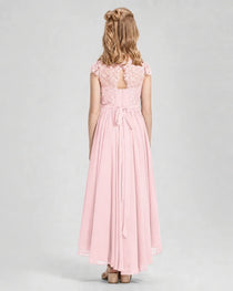 Pink Junior Bredemaid Dresses Lace Keyhole Back Asymmetrical Chiffon Gown Back View