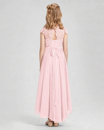 Pink Junior Bredemaid Dresses Lace Keyhole Back Asymmetrical Chiffon Gown Back View