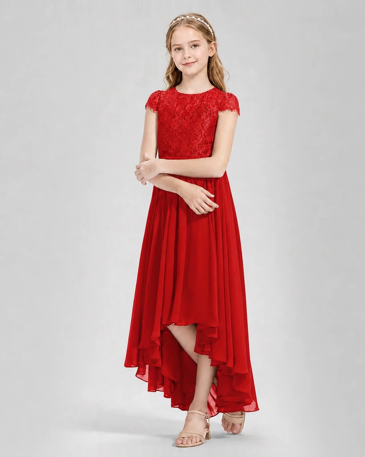 Red Junior Bredemaid Dresses Lace Keyhole Back Asymmetrical Chiffon Gown Front View