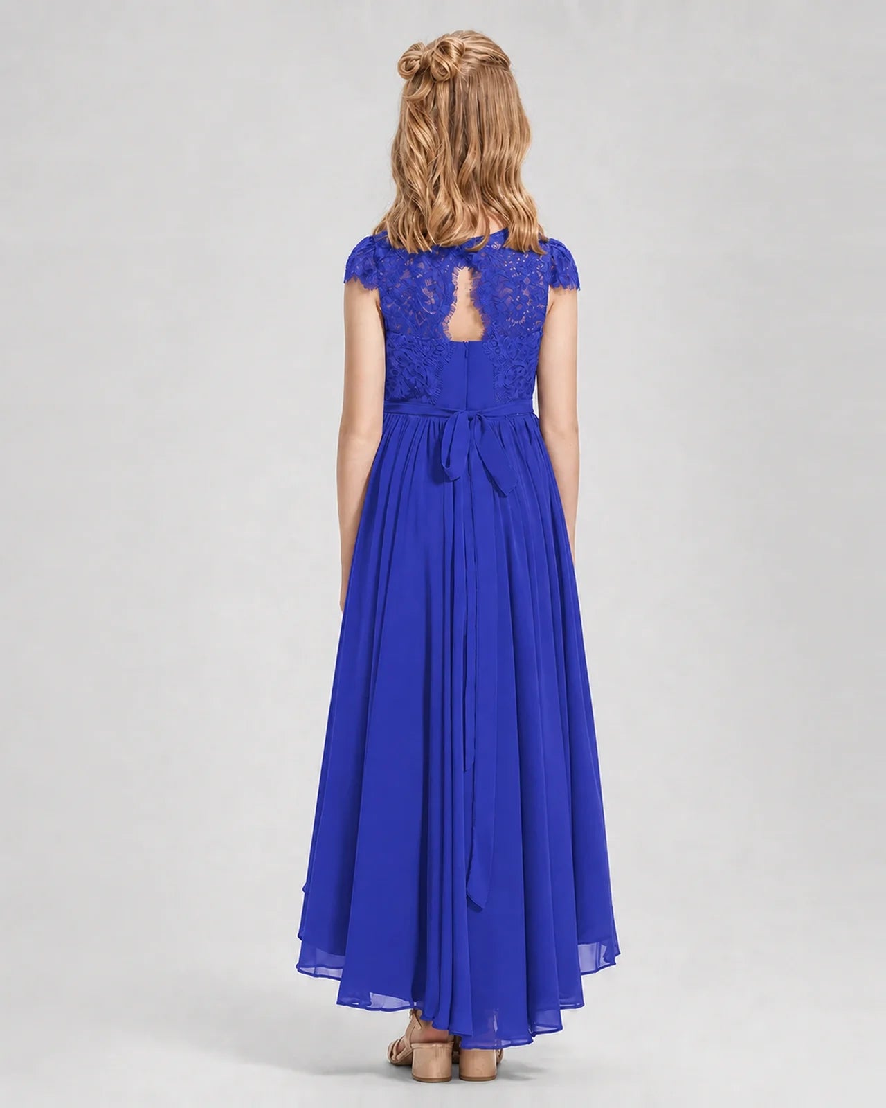 Royal Blue  Junior Bredemaid Dresses Lace Keyhole Back Asymmetrical Chiffon Gown Back View