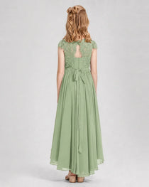 Sage Green Junior Bredemaid Dresses Lace Keyhole Back Asymmetrical Chiffon Gown Back View