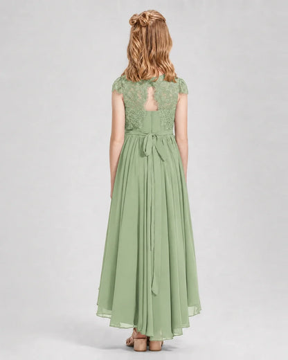 Sage Green Junior Bredemaid Dresses Lace Keyhole Back Asymmetrical Chiffon Gown Back View